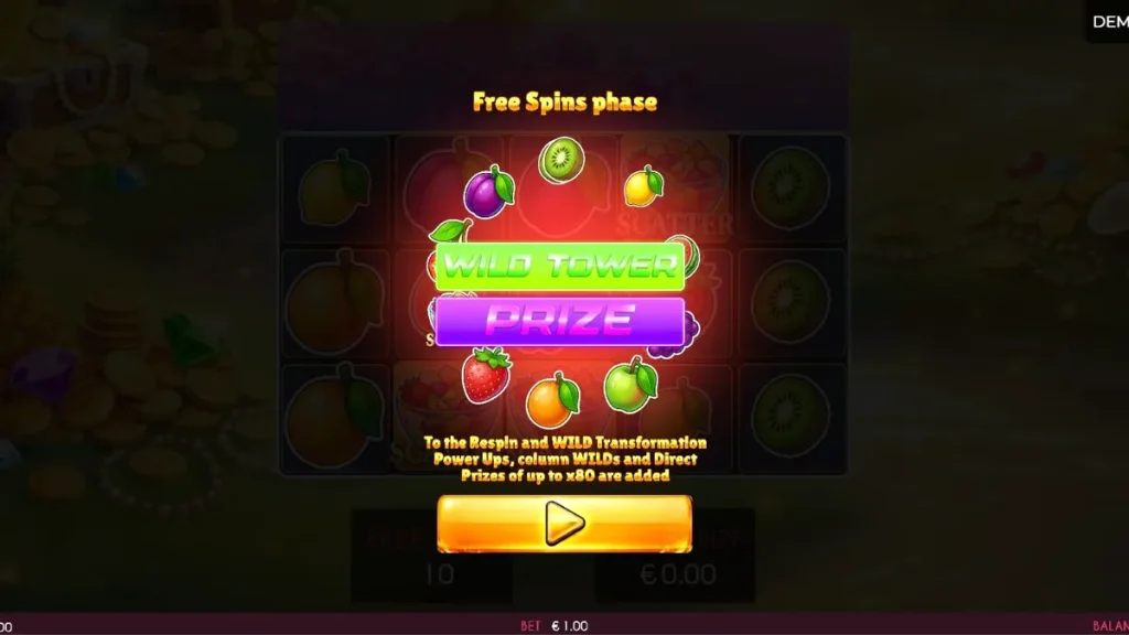 Fruits Madness slot game interface with vibrant fruit symbols and carnival theme