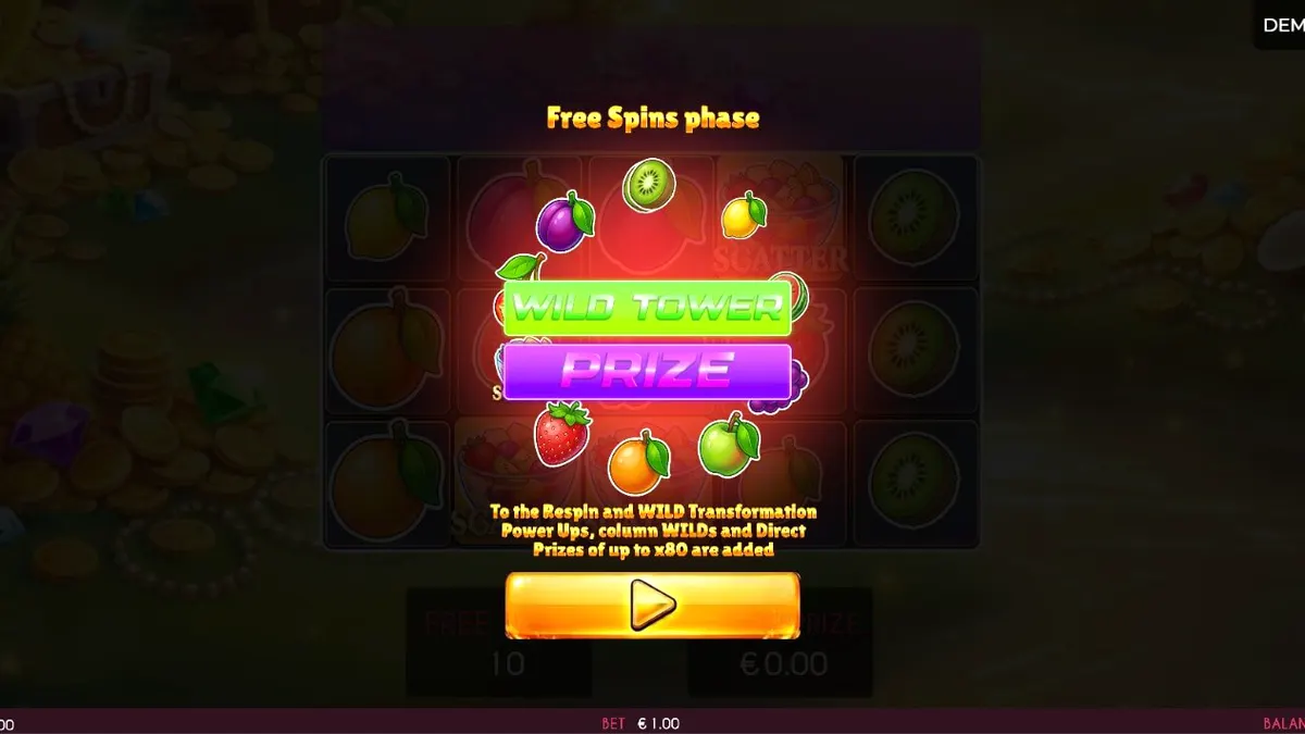 Fruits Madness slot game interface with vibrant fruit symbols and carnival theme