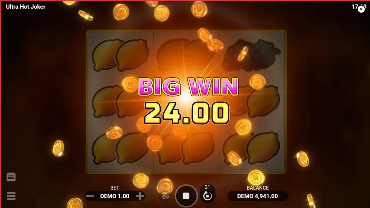 Tampilan visual slot Ultra Hot Joker dengan simbol buah klasik dan api yang membara