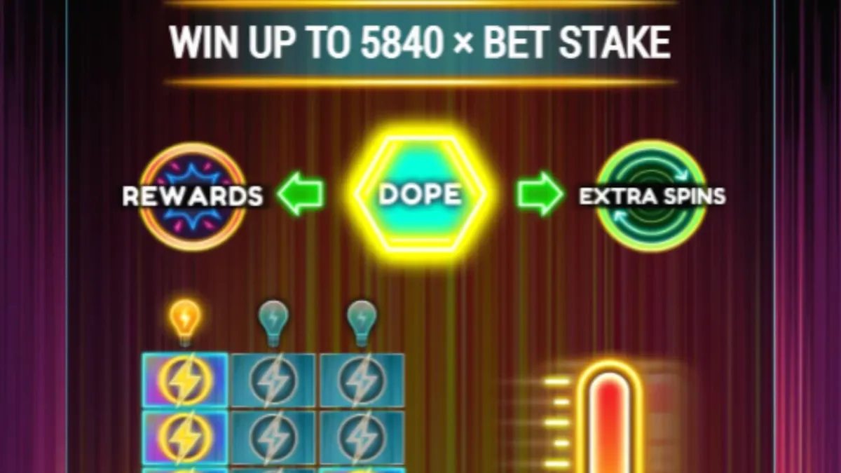 Tampilan visual slot neon Dopamine Rush Dice dengan elemen arcade